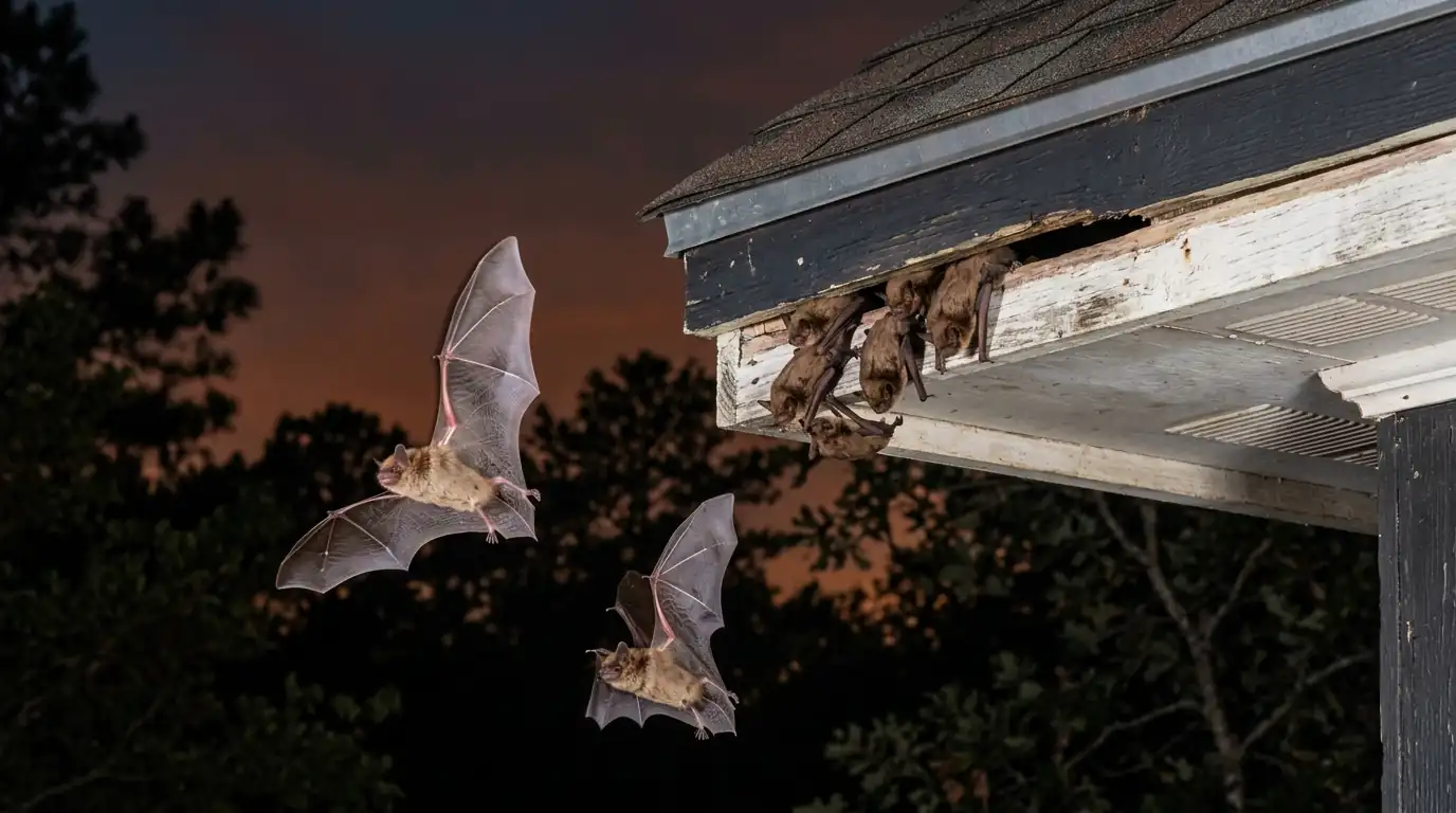 Bats leaving a gap where the fascia meets the soffit at dusk