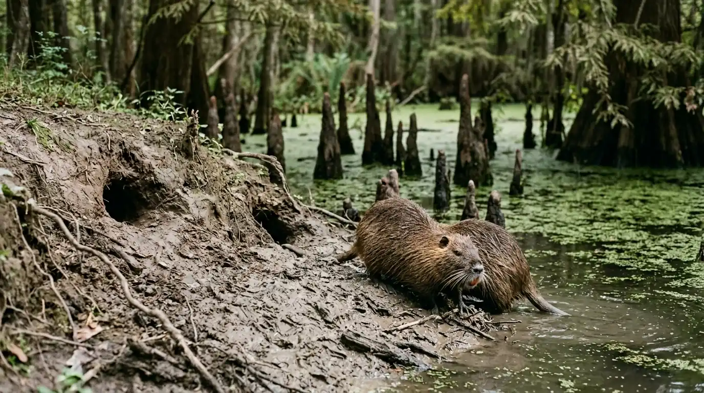 A nutria at an eroding bayou bank with burrow holes