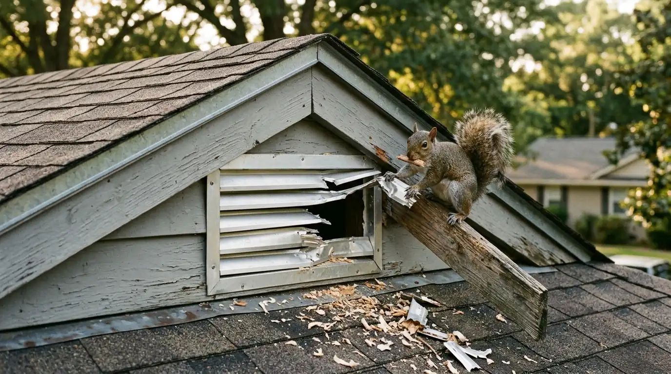 A grey squirrel on a roof edge beside a chewed gable vent